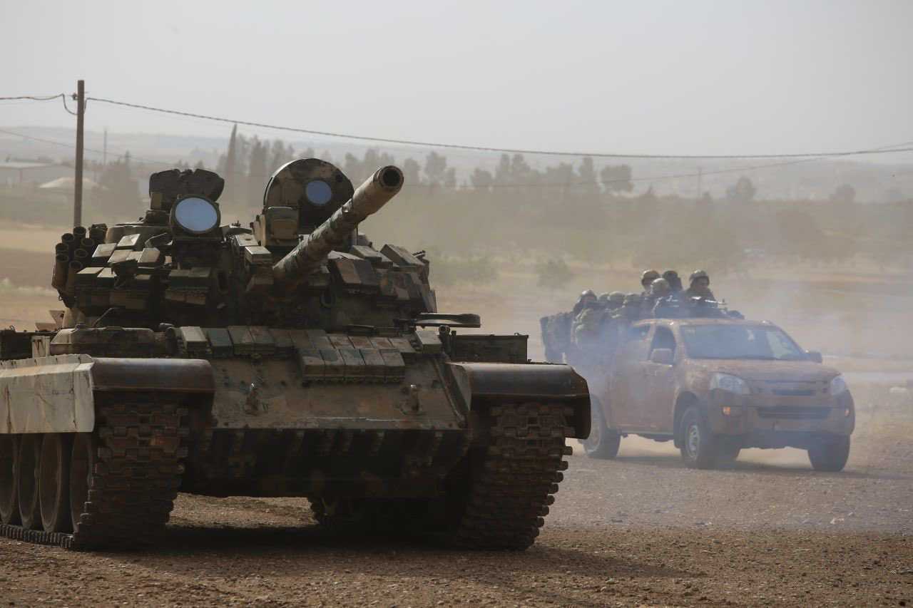 The Turkish-backed Syrian National Army’s Hayat Thaeroon for Liberation faction conducts military exercises in the northern Aleppo countryside, 2/6/2022 (Saif Abu Bakr)