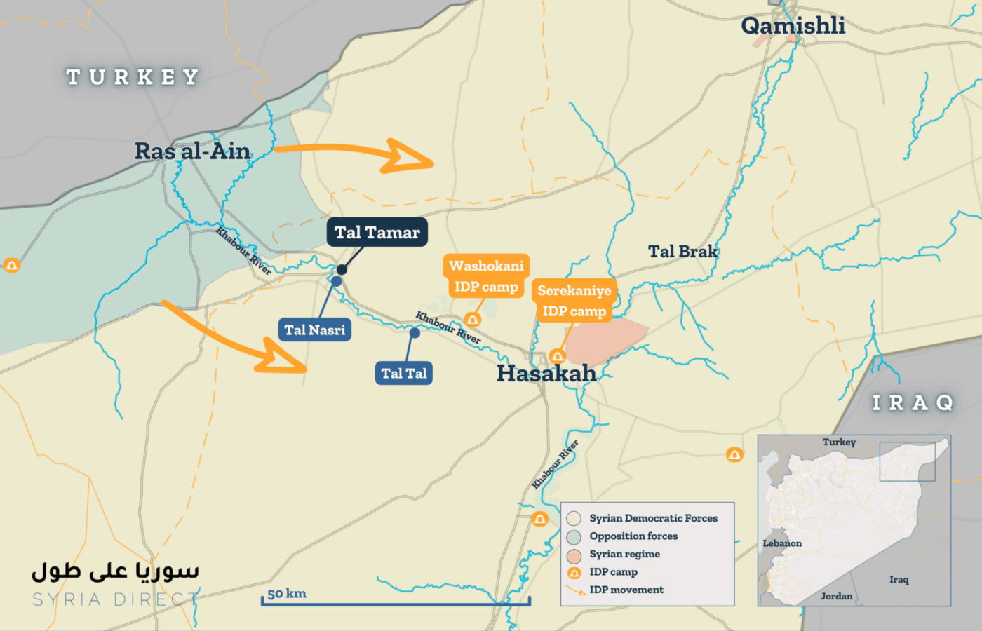 Map of the Khabour area with IDP camps, northeastern Syria – March 2023 (Syria Direct, © Mapbox, © OpenStreetMap)