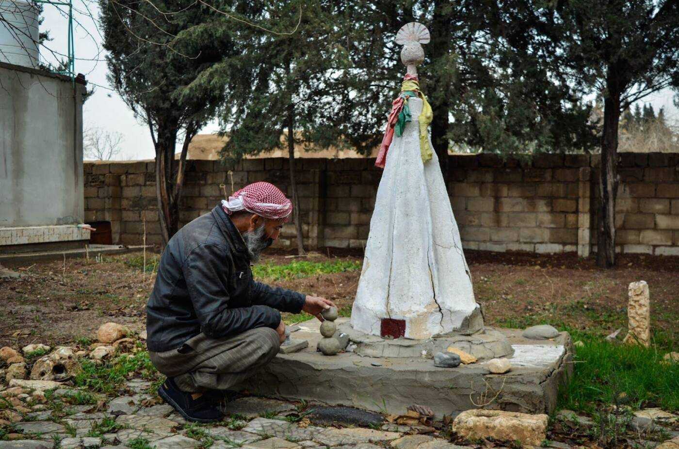 A Yazidi shrine in the garden of the Yazidi House organization, in the village of Qazlachokh in northeastern Syria’s Hasakah province, 6/2/2023 (Lyse Mauvais/Syria Direct)