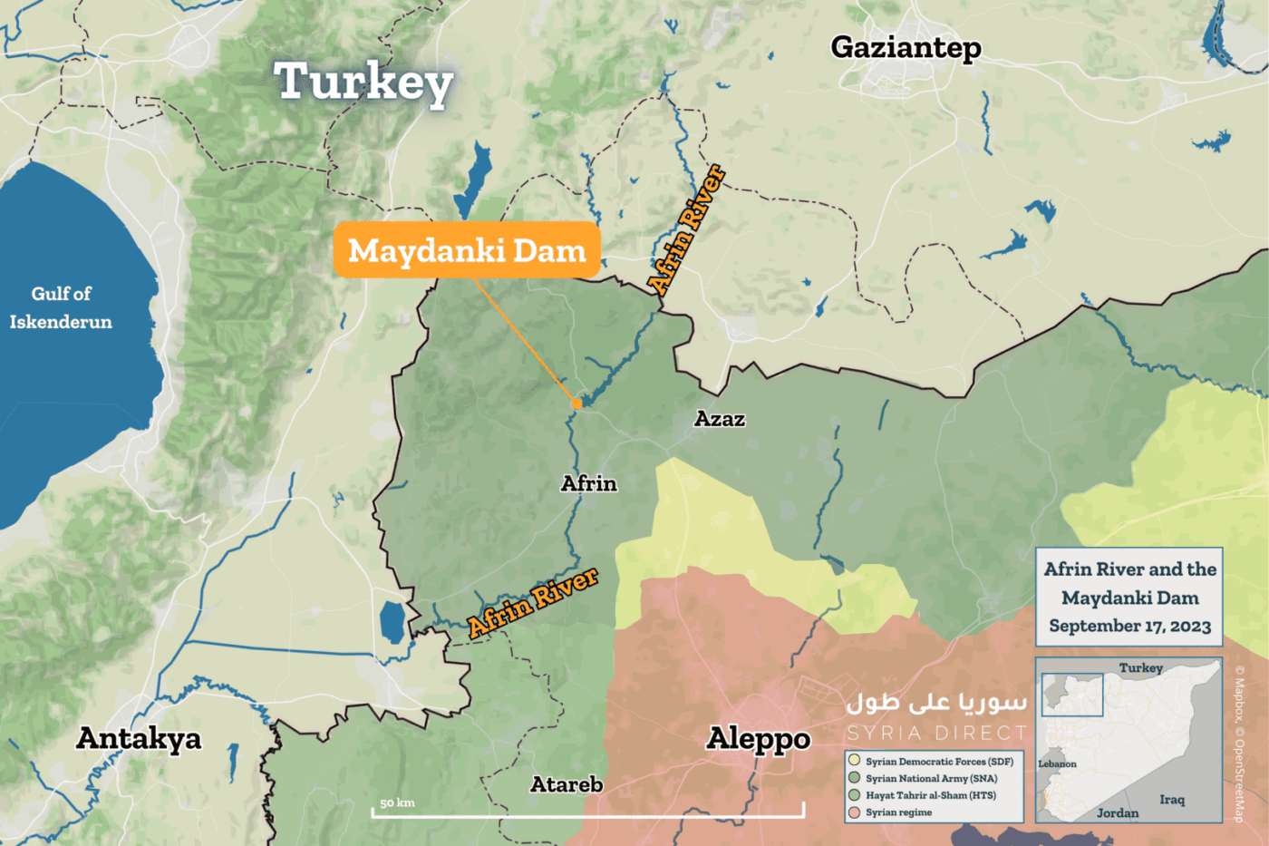 A map of the Afrin River and Maydanki Dam in Syria’s northwestern Aleppo province (Syria Direct)