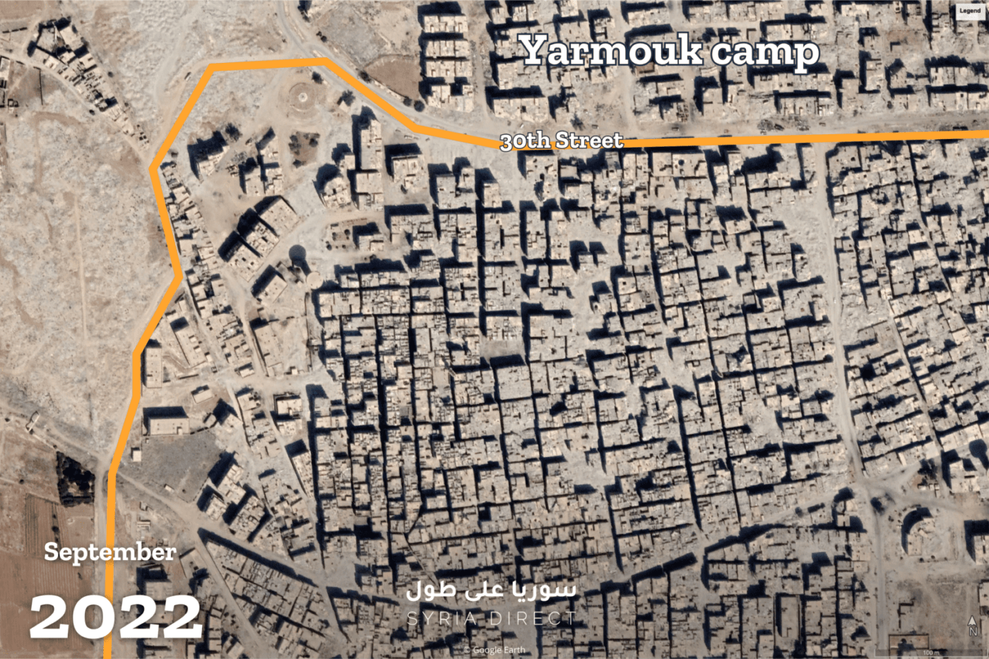Satellite images show ongoing demolitions in the north of al-Hajar al-Aswad. A picture taken on 29/9/2023 image shows an increase in the number of demolished buildings compared to 7/9/2022 (Google Earth/SkyFi/Syria Direct)