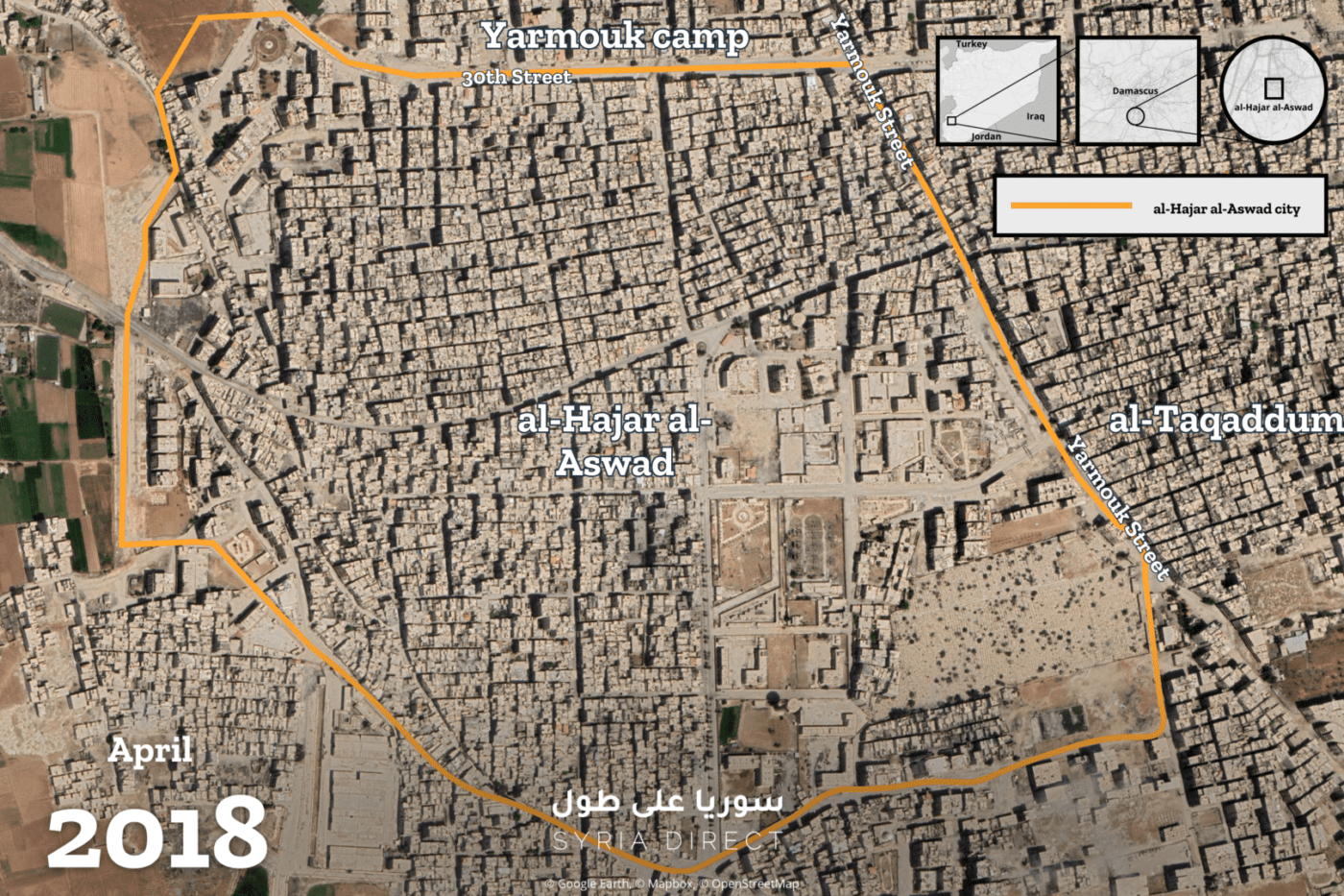 Satellite images of al-Hajar al-Aswad show a greater number of demolished buildings in 2023 compared to 2018, when Damascus retook control of the city from IS (Google Earth/SkyFi/OpenStreetMap/ Mapbox/Syria Direct)