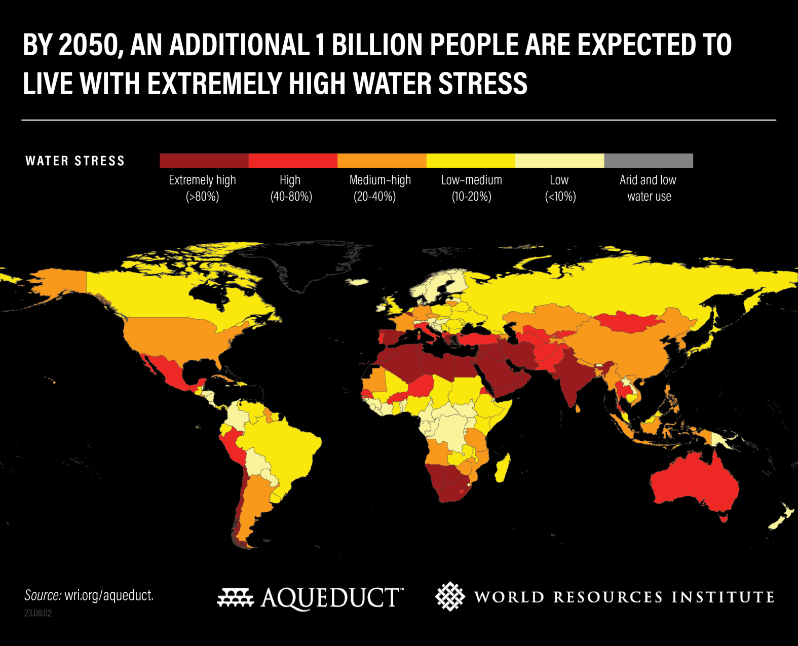 خارطة توضح المناطق من الأشد (البني) إلى الأقل (الرمادي) تعرضاً لتهديدات الأمن المائي عام 2050 (المصدر: معهد موارد العالم)