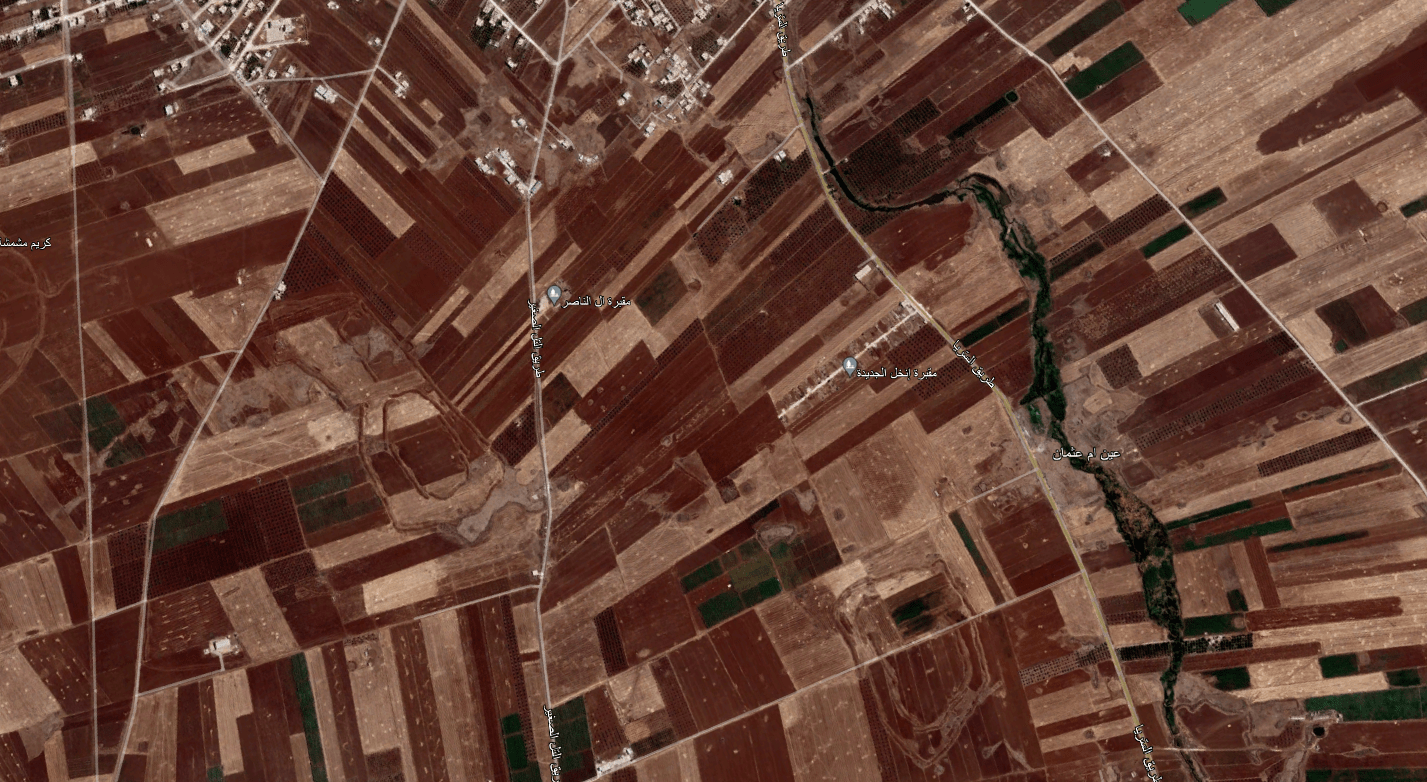 Satellite pictures show many fruit trees were removed south of Inkhil city in the northern Daraa countryside between August 2011 and December 2022. (Google Earth/Syria Direct)