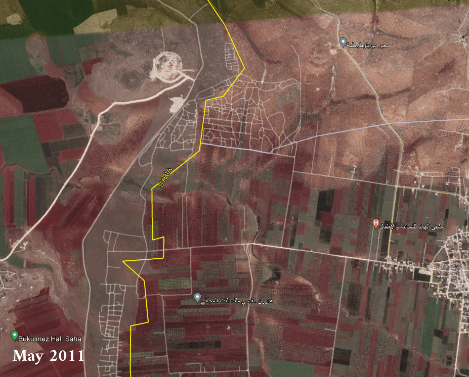 Satellite images show the transformation of the Atma camps on the Syrian-Turkish border—from farmland to tents to concrete buildings—between May 2011 and October 2022 (Google Earth)