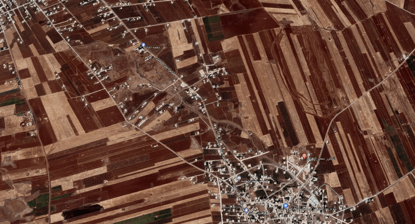 Satellite images of a neighborhood north of the Daraa town of Inkhil show areas planted with fruit-bearing trees such as olives that have been cleared between August 2011 and December 2022. (Google Earth/Syria Direct) 