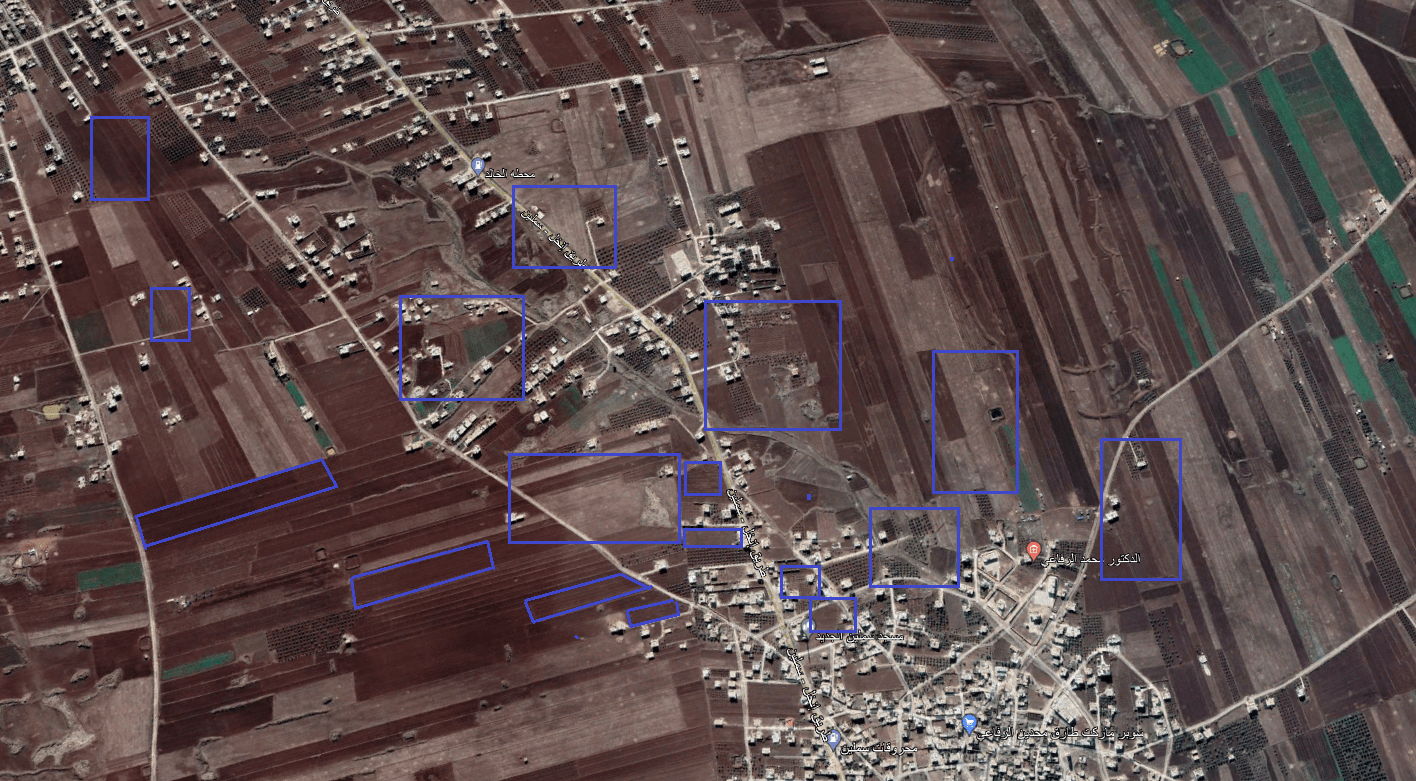Satellite images of a neighborhood north of the Daraa town of Inkhil show areas planted with fruit-bearing trees such as olives that have been cleared between August 2011 and December 2022. (Google Earth/Syria Direct) 
