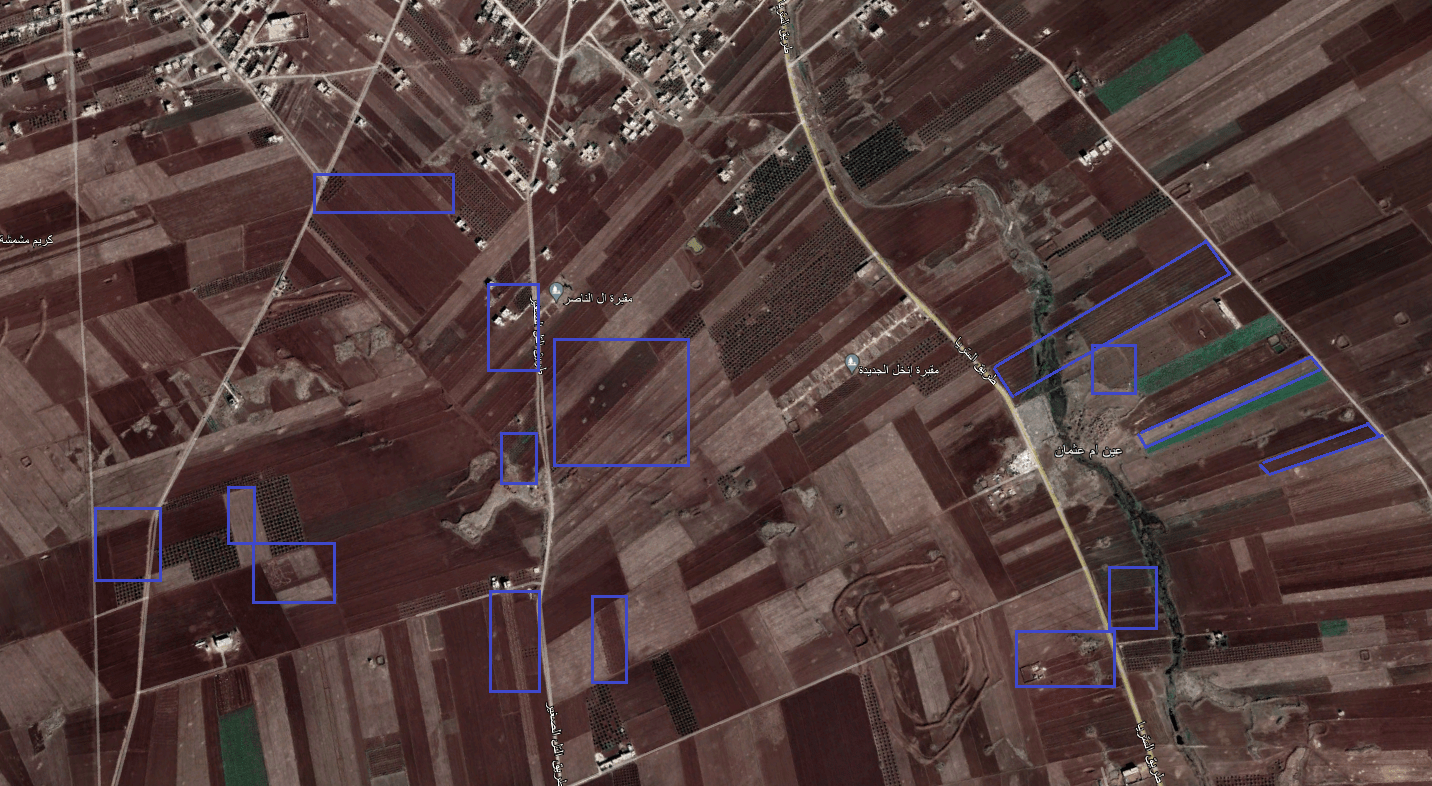 Satellite pictures show many fruit trees were removed south of Inkhil city in the northern Daraa countryside between August 2011 and December 2022. (Google Earth/Syria Direct)