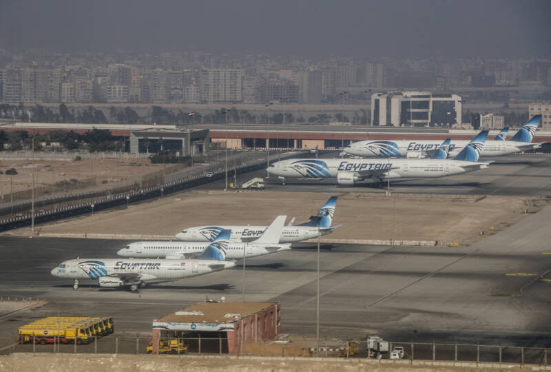 EgyptAir aircraft sit on the tarmac at Cairo International Airport, 6/1/2021 (AFP/Khaled Desouki)