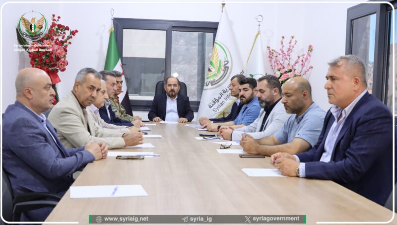 President Abdurrahman Mustafa (center) meets with members of his current all-male government at the opposition Syrian Interim Government’s headquarters in northwestern Syria, 2/6/2024 (Syrian Interim Government)